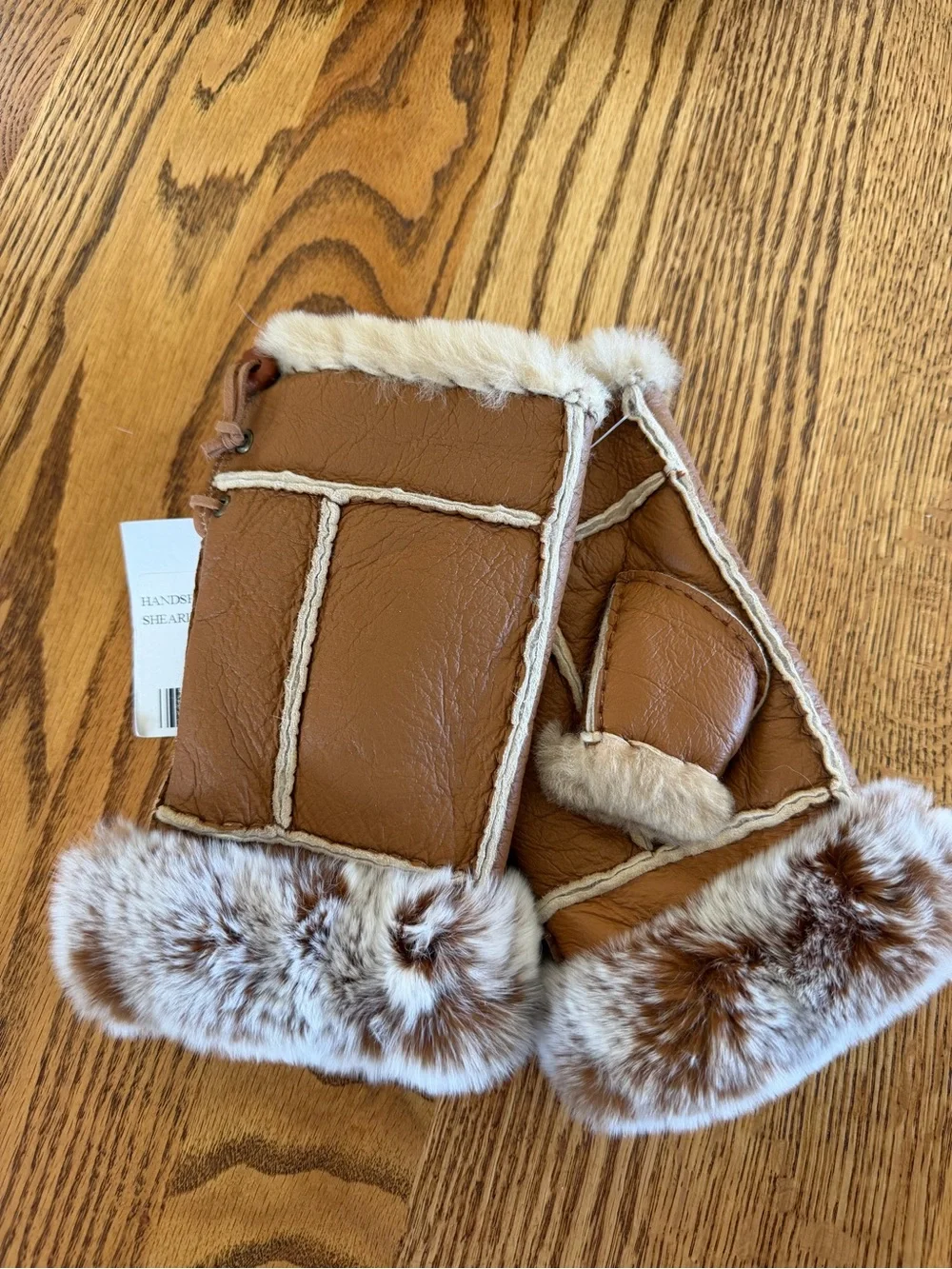 Camel Brown Kids Shearling Mittens with Fur Trim